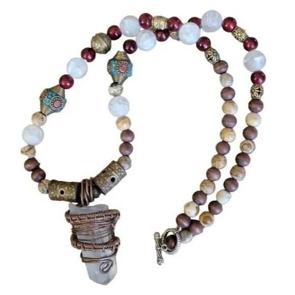 Huge Quartz Crystal Copper Wire Wrap Jasper Coral Turquoise Inlay Bead Necklace - Picture 4 of 6
